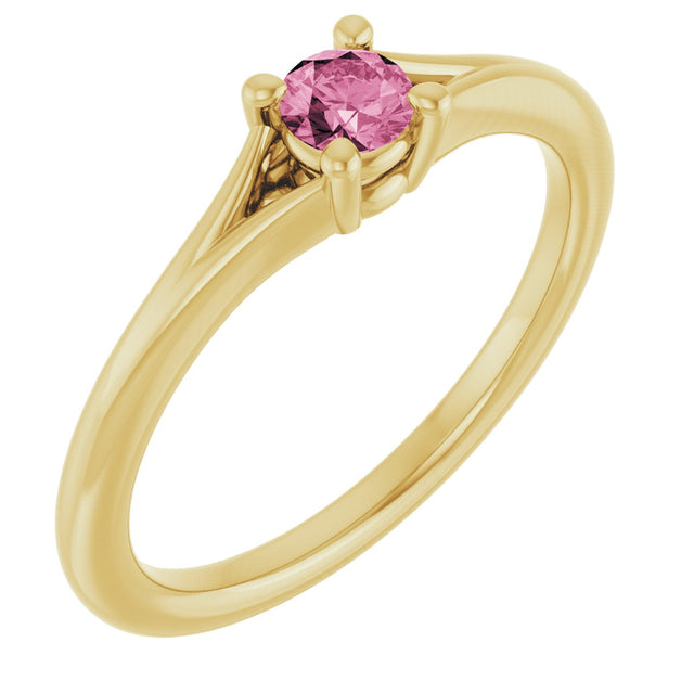 14K Gold Round Natural Pink Tourmaline Youth Solitaire Ring - Yellow Gold