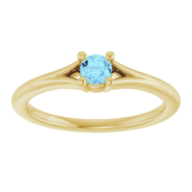 14K Gold Round Natural Aquamarine Youth Solitaire Ring - Yellow Gold - view 3