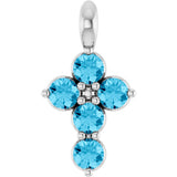 Platinum Round Natural Aquamarine Accented Cross Necklace or Pendant