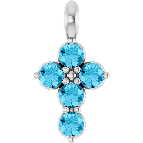 Platinum Round Natural Aquamarine Accented Cross Necklace or Pendant