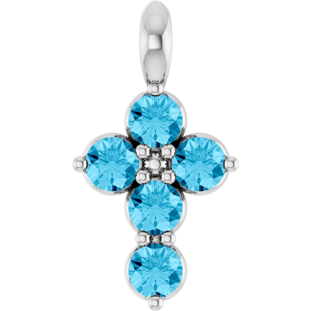 Platinum Round Natural Aquamarine Accented Cross Necklace or Pendant