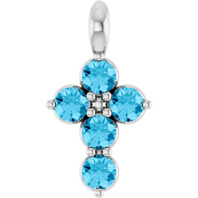 14K Gold Round Natural Aquamarine Accented Cross Necklace or Pendant - White Gold