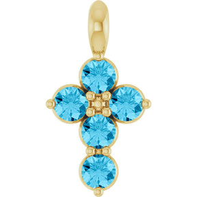 14K Gold Round Natural Aquamarine Accented Cross Necklace or Pendant - Yellow Gold