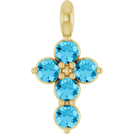 14K Gold Round Natural Aquamarine Accented Cross Necklace or Pendant - Yellow Gold