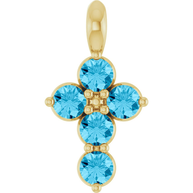 14K Gold Round Natural Aquamarine Accented Cross Necklace or Pendant - Yellow Gold