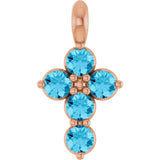 14K Gold Round Natural Aquamarine Accented Cross Necklace or Pendant - Rose Gold