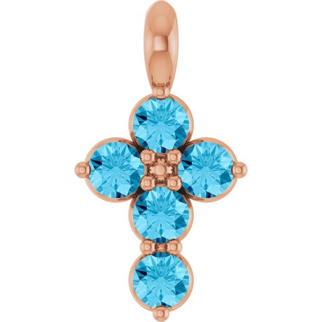 14K Gold Round Natural Aquamarine Accented Cross Necklace or Pendant - Rose Gold