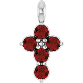 Platinum Round Natural Mozambique Garnet Accented Cross Necklace or Pendant