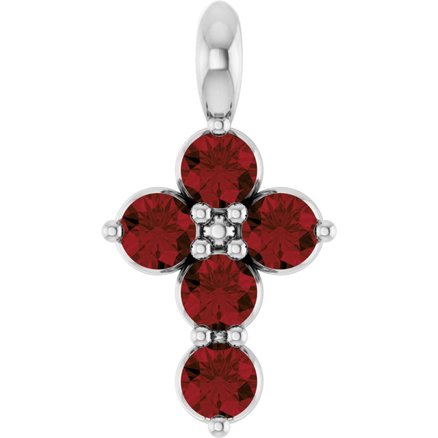 Platinum Round Natural Mozambique Garnet Accented Cross Necklace or Pendant