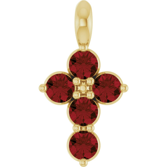 14K Gold Round Natural Mozambique Garnet Accented Cross Necklace or Pendant - Yellow Gold