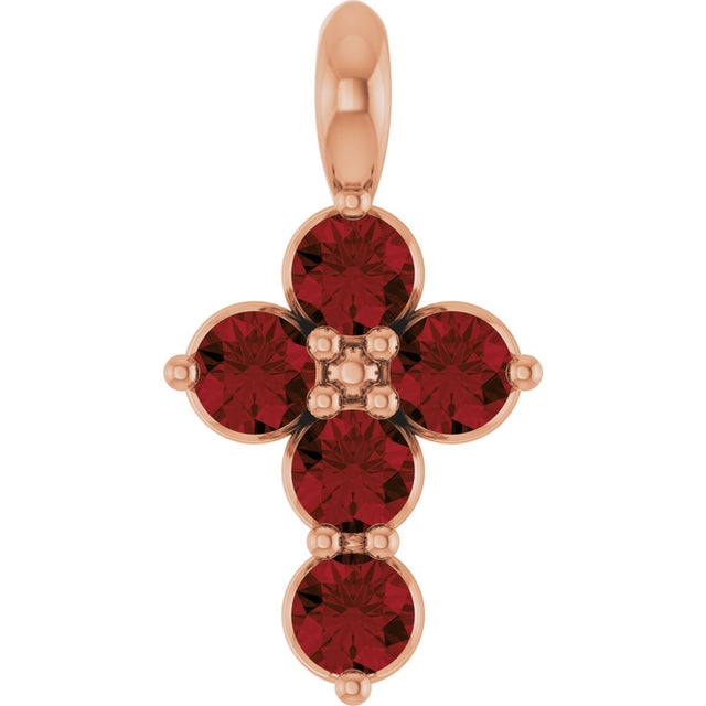 14K Gold Round Natural Mozambique Garnet Accented Cross Necklace or Pendant - Rose Gold