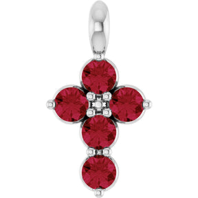 14K Gold Round Lab-Grown Ruby Accented Cross Necklace or Pendant - White Gold