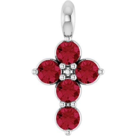 14K Gold Round Natural Ruby Accented Cross Necklace or Pendant - White Gold