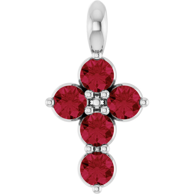 Platinum Round Lab-Grown Ruby Accented Cross Necklace or Pendant
