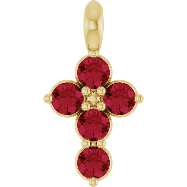 14K Gold Round Lab-Grown Ruby Accented Cross Necklace or Pendant - Yellow Gold