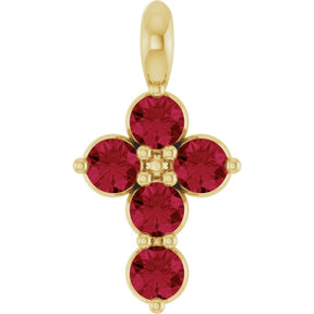 14K Gold Round Natural Ruby Accented Cross Necklace or Pendant - Yellow Gold