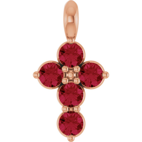 14K Gold Round Natural Ruby Accented Cross Necklace or Pendant - Rose Gold