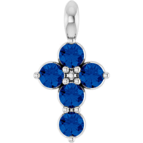 Platinum Round Lab-Grown Blue Sapphire Accented Cross Necklace or Pendant
