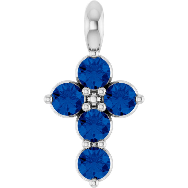 Platinum Round Lab-Grown Blue Sapphire Accented Cross Necklace or Pendant