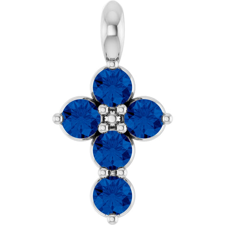 14K Gold Round Lab-Grown Blue Sapphire Accented Cross Necklace or Pendant - White Gold