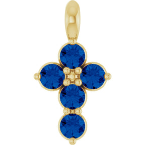 14K Gold Round Natural Blue Sapphire Accented Cross Necklace or Pendant - Yellow Gold