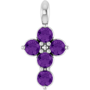 14K Gold Round Natural Amethyst Accented Cross Necklace or Pendant - White Gold