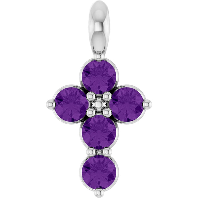 14K Gold Round Natural Amethyst Accented Cross Necklace or Pendant - White Gold