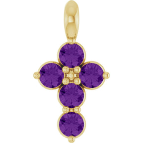 14K Gold Round Natural Amethyst Accented Cross Necklace or Pendant - Yellow Gold