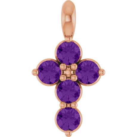 14K Gold Round Natural Amethyst Accented Cross Necklace or Pendant - Rose Gold