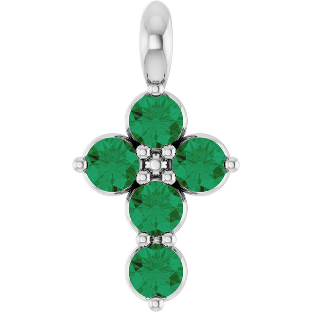 Platinum Round Lab-Grown Emerald Accented Cross Necklace or Pendant