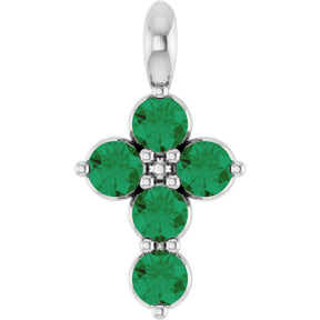 Platinum Round Natural Emerald Accented Cross Necklace or Pendant