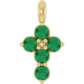 14K Gold Round Natural Emerald Accented Cross Necklace or Pendant - Yellow Gold