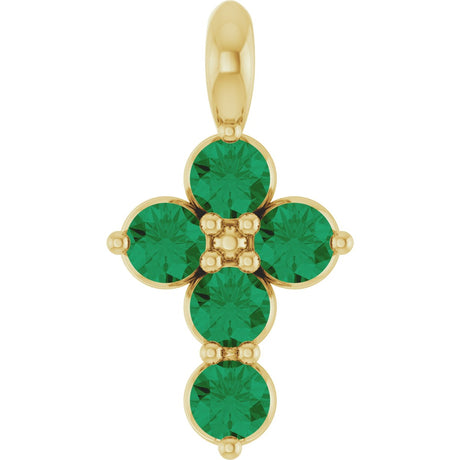 14K Gold Round Natural Emerald Accented Cross Necklace or Pendant - Yellow Gold