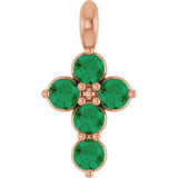 14K Gold Round Natural Emerald Accented Cross Necklace or Pendant - Rose Gold