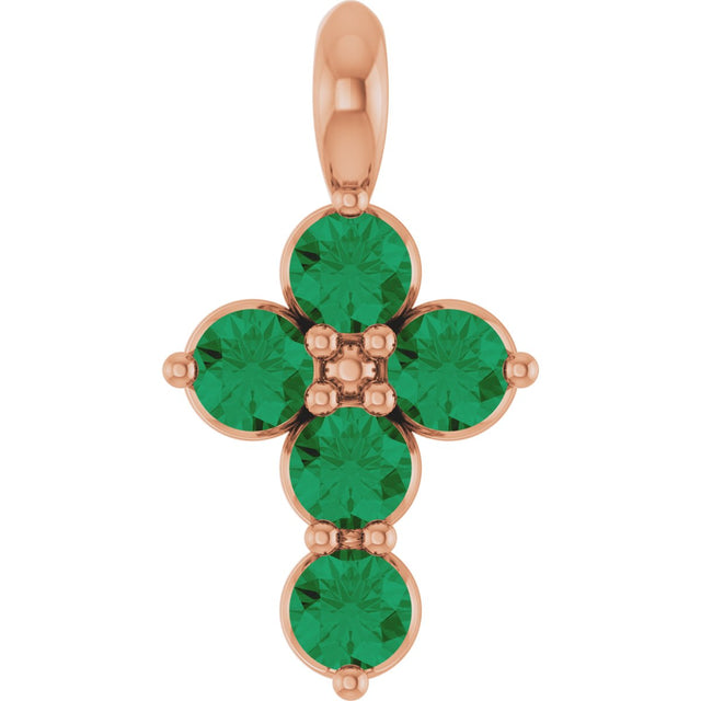 14K Gold Round Natural Emerald Accented Cross Necklace or Pendant - Rose Gold