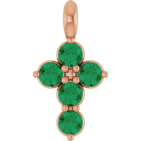 14K Gold Round Lab-Grown Emerald Accented Cross Necklace or Pendant - Rose Gold