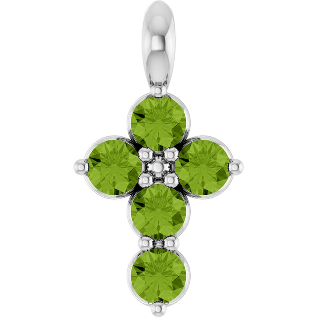 14K Gold Round Natural Peridot Accented Cross Necklace or Pendant - White Gold