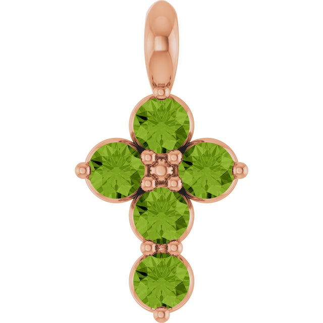 14K Gold Round Natural Peridot Accented Cross Necklace or Pendant - Rose Gold