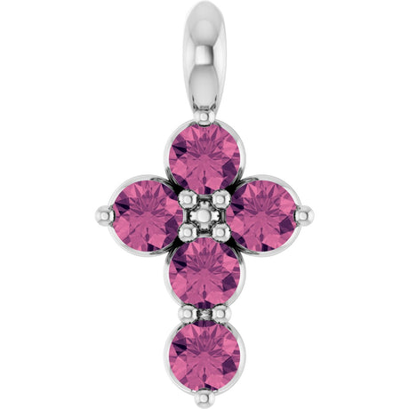 14K Gold Round Natural Pink Tourmaline Accented Cross Necklace or Pendant - White Gold