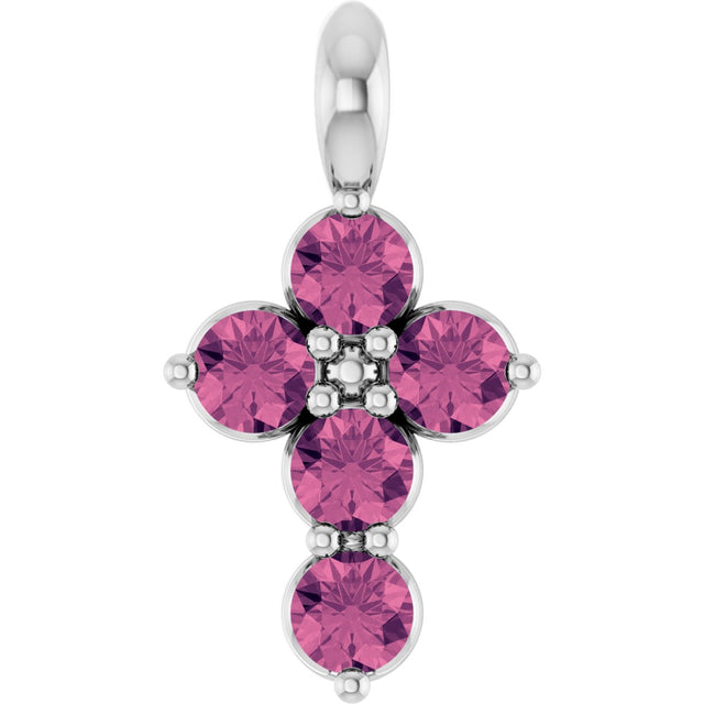14K Gold Round Natural Pink Tourmaline Accented Cross Necklace or Pendant - White Gold