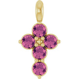 14K Gold Round Natural Pink Tourmaline Accented Cross Necklace or Pendant - Yellow Gold