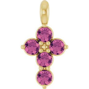 14K Gold Round Natural Pink Tourmaline Accented Cross Necklace or Pendant - Yellow Gold