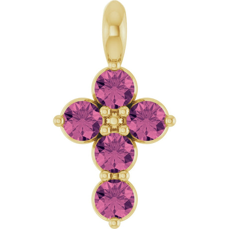 14K Gold Round Natural Pink Tourmaline Accented Cross Necklace or Pendant - Yellow Gold