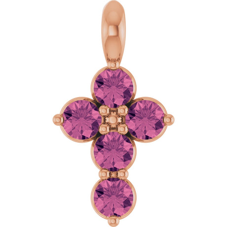 14K Gold Round Natural Pink Tourmaline Accented Cross Necklace or Pendant - Rose Gold