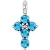 14K Gold Round Natural Blue Zircon Accented Cross Necklace or Pendant - White Gold