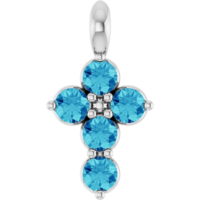 14K Gold Round Natural Blue Zircon Accented Cross Necklace or Pendant - White Gold