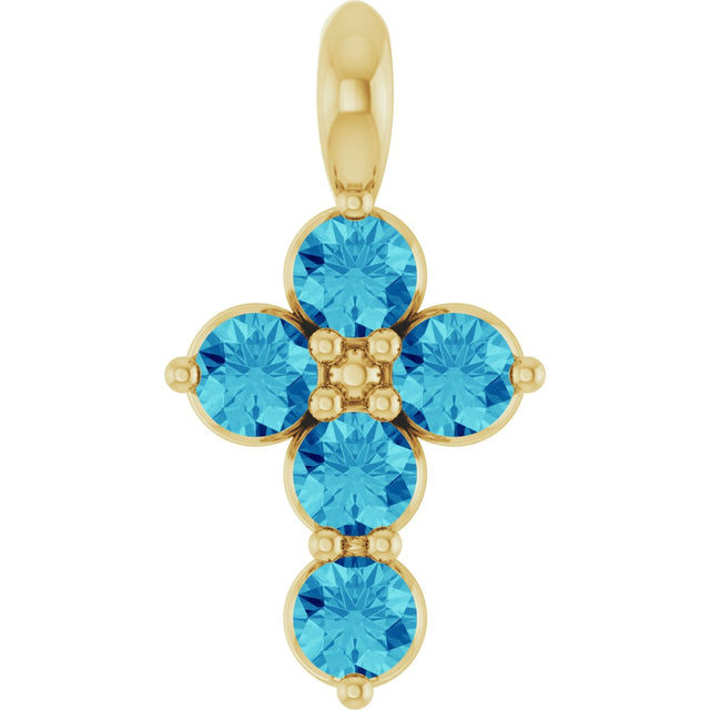 14K Gold Round Natural Blue Zircon Accented Cross Necklace or Pendant - Yellow Gold