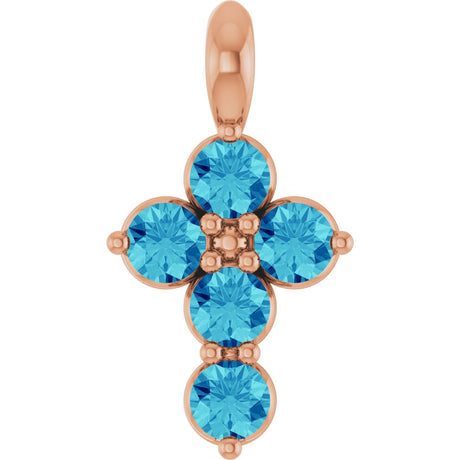 14K Gold Round Natural Blue Zircon Accented Cross Necklace or Pendant - Rose Gold