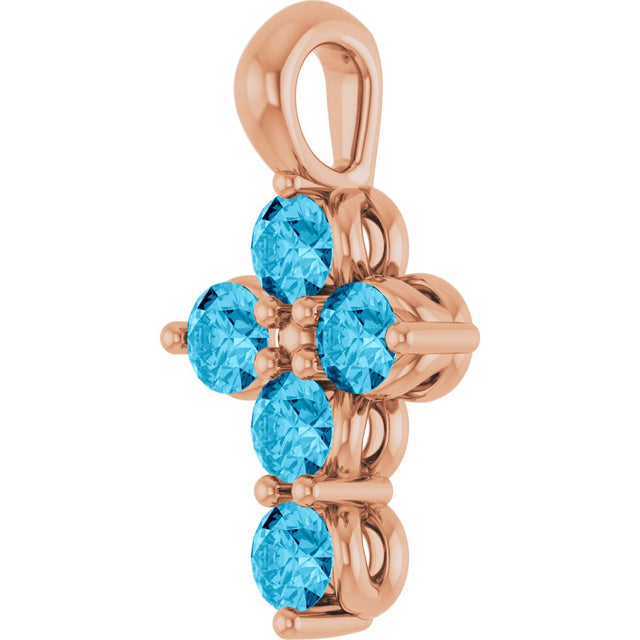 14K Gold Round Natural Aquamarine Accented Cross Necklace or Pendant - Rose Gold - view 3