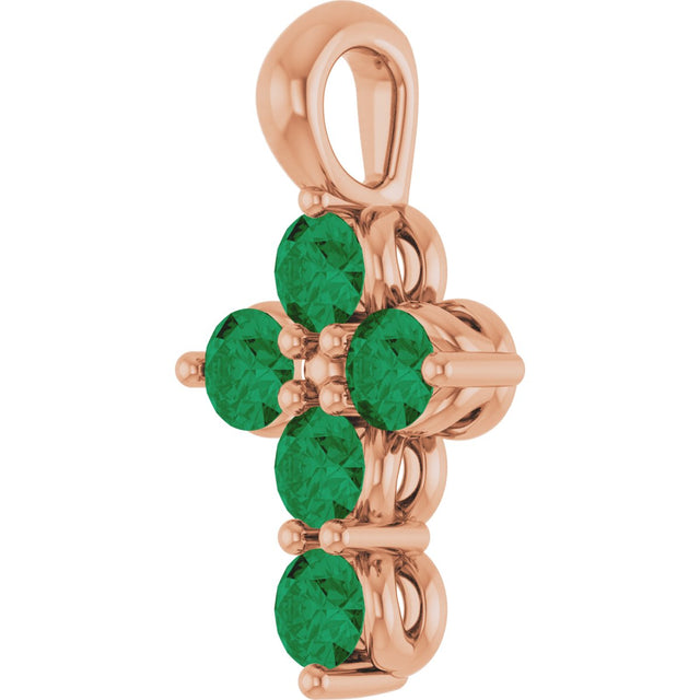 14K Gold Round Natural Emerald Accented Cross Necklace or Pendant - Rose Gold - view 3